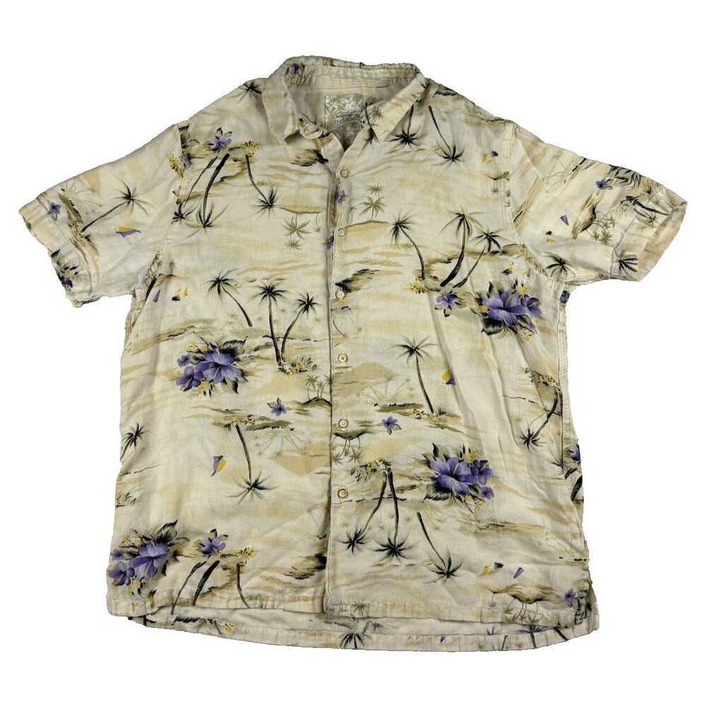 Tasso Elba Silk Blend Cream Hawaiian Shirt Mens Purple Floral Palm Tree Camp XL